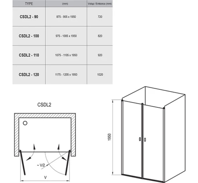 Душові двері двохелементні CSDL2-90 Transparent, (0QV7CC0LZ1) RAVAK