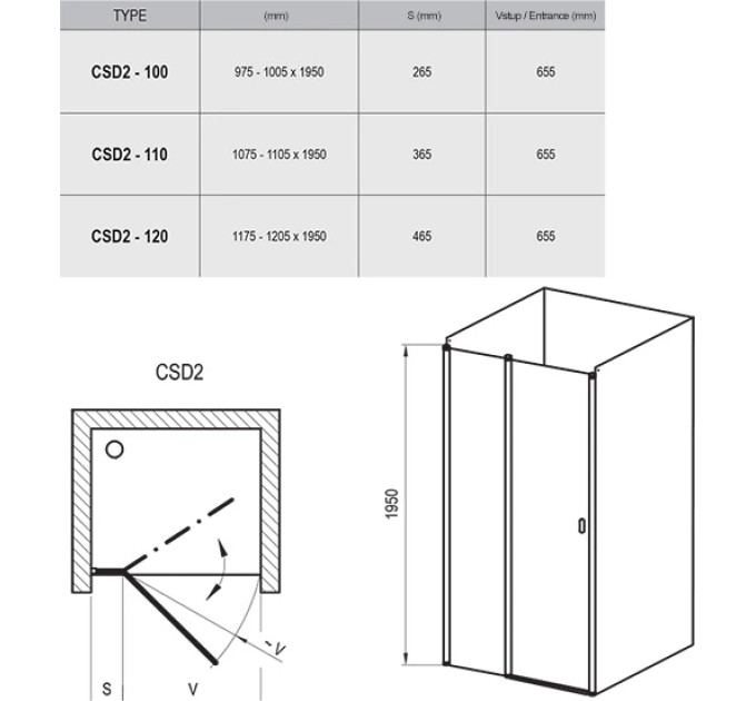 Душові двері двоелементні CHROME CSD2-100 Transparent, (0QVACC00Z1) RAVAK