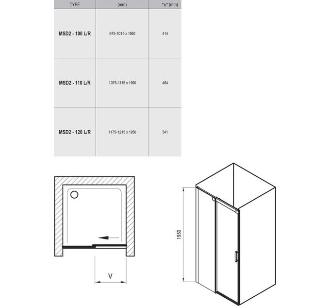 Душові двері двохелементні MSD2-110 R Transparent, (0WPD0C00Z1) RAVAK