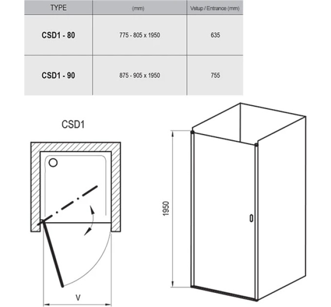 Душові двері одноелементні CHROME CSD1-80 Transparent, (0QV40C00Z1) RAVAK