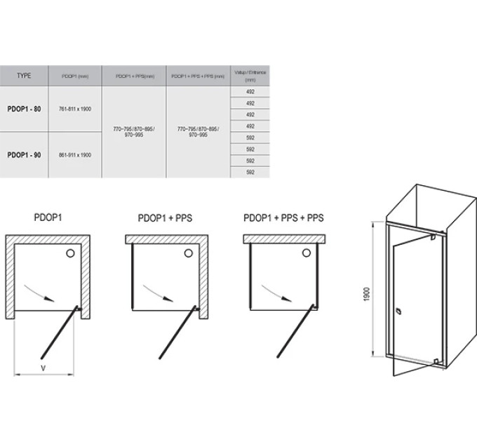 Душові двері одноелементні PDOP1-80 Transparent, (03G40C00Z1) RAVAK