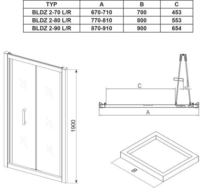 Душові двері двохелементні BLDZ2-80 Transparent, RAVAK