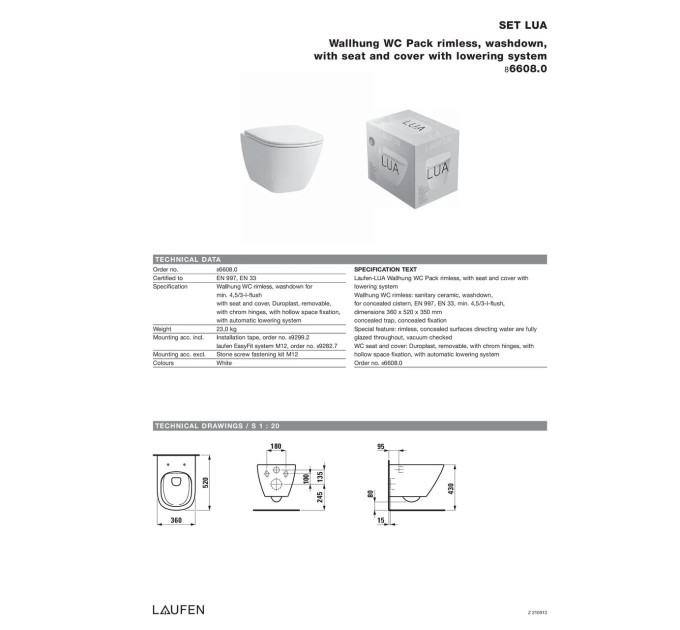 Унітаз підвісний LUA Rimless з кришкою soft-close H8660800000001 LAUFEN