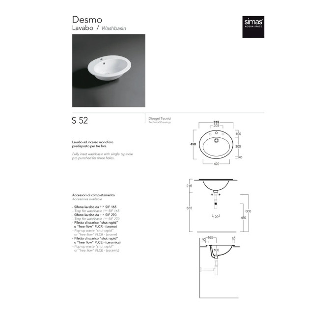 Умивальник S 52 Desmo (S52) Glossy white SIMAS