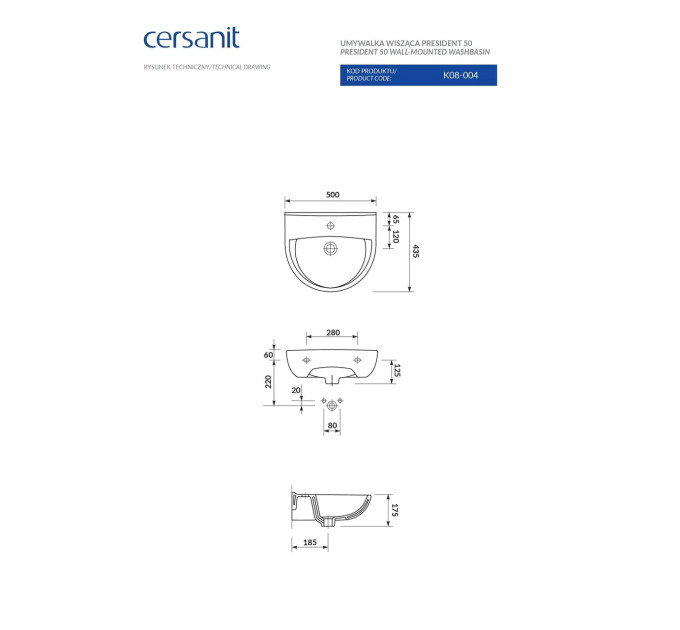 Умивальник 50 см President (CCWS1000398210), Cersanit