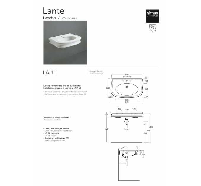 Умивальник Lante 90 LA11 SIMAS