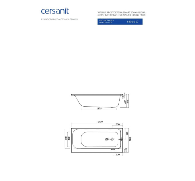 Ванна прямокутна ліва Smart 170x80, Cersanit