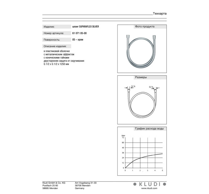 Душовий шланг 1250 мм Suparaflex (6107105-00), Kludi