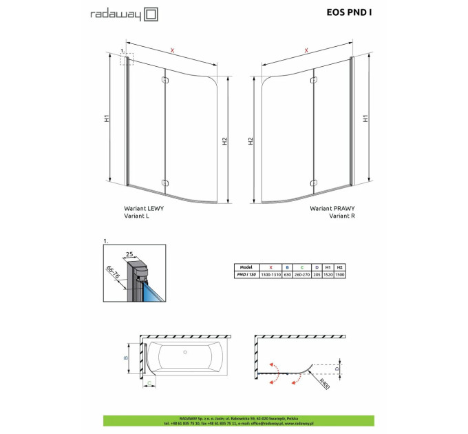 Шторка для ванни Eos PND I 130 L RADAWAY