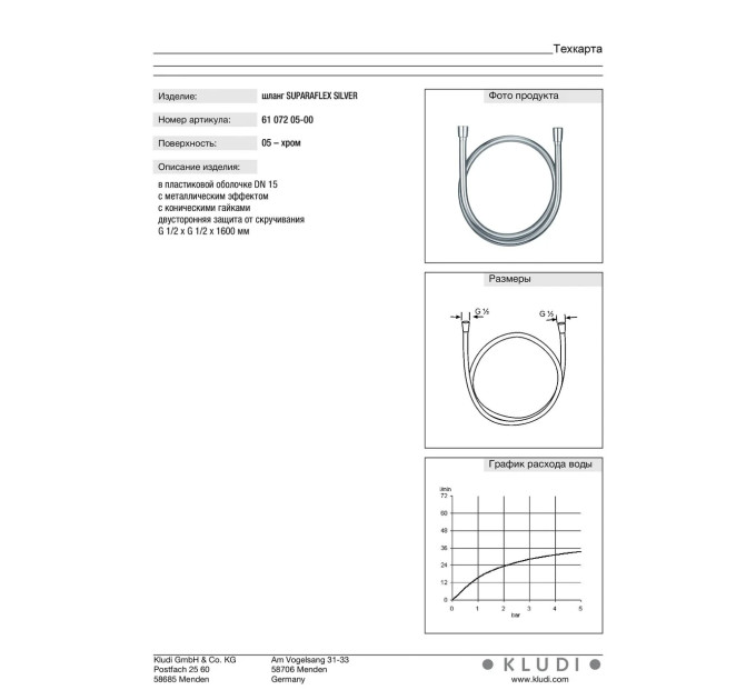 Душовий шланг 1600 мм Suparaflex Silver (6107205-00), Kludi