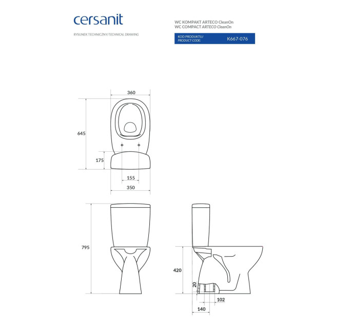 Компакт Arteco 685 Clean On 021 з кришкою дюропласт soft-close CCKZ1014685952 Cersanit