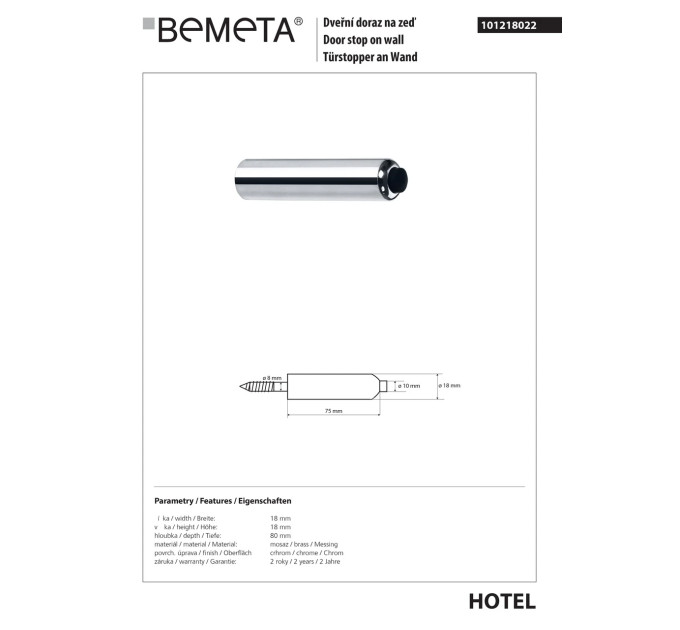 101218022 HOTEL:Oбмежувач для дверей на підлозі,хром Bemeta Чехія
