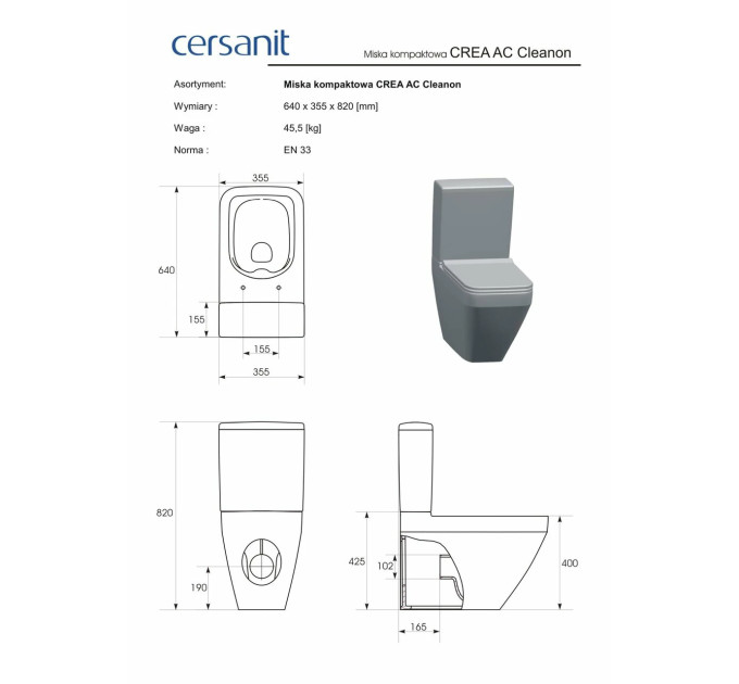 Унітаз підлоговий Crea CleanOn з кришкою Slim дюропласт soft close (CCCZ1005946213) Cersanit