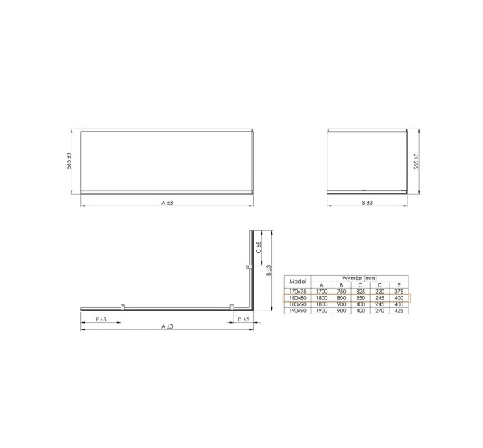 Панель до ванни L- подібна ліва Linea 180x80, Roca