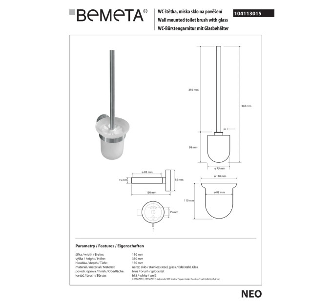 Туалетна щітка з тримачем Neo (104113015), Bemeta