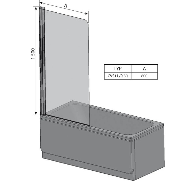 Шторка для ванни одноелементна CVS1-80 L Transparent, (7QL40100Z1) RAVAK