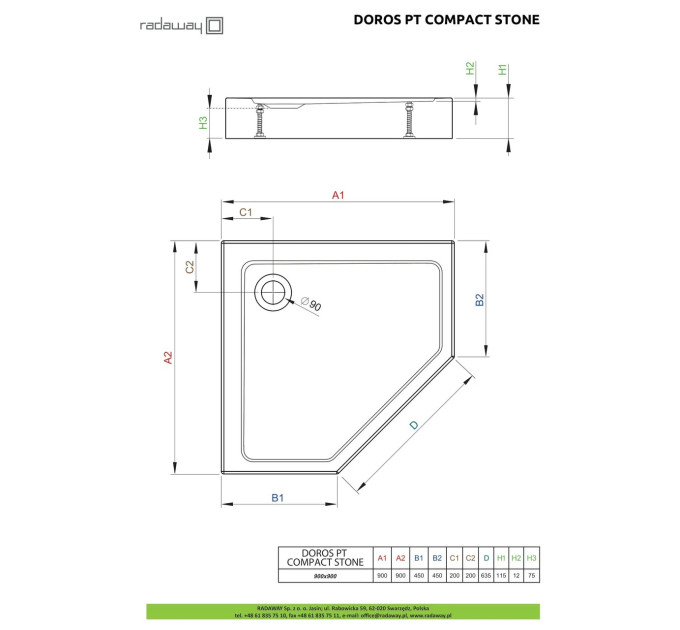 Душовий піддон Doros PT Compact Stone White 90x90 см, RADAWAY