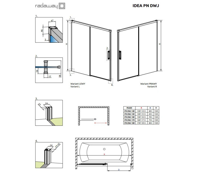 Двері для ванни Idea Black PN DWJ 180 R RADAWAY