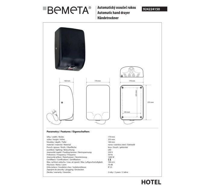 924224150 Hotel Автоматична сушарка для рук 1000W чорний Bemeta Чехія
