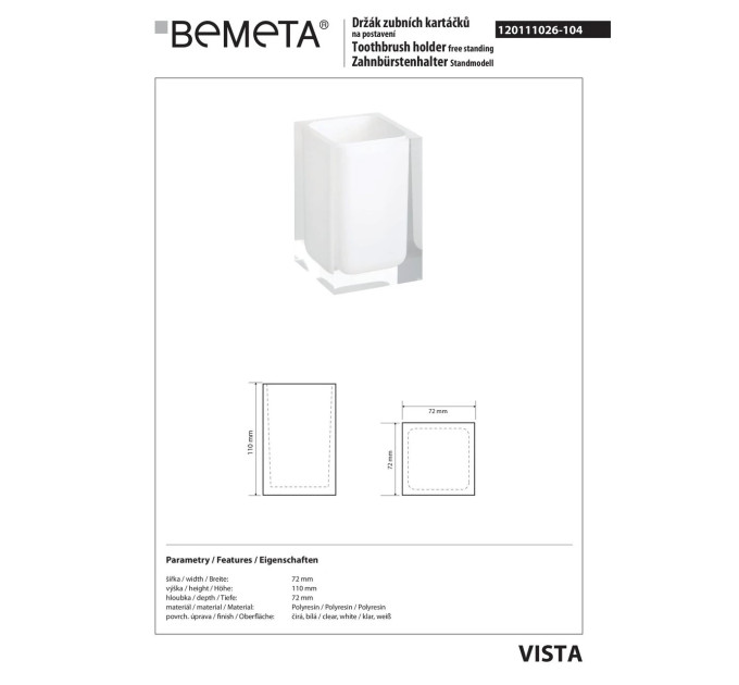 120111026-104 Vista: Тримач зубних щіток. білий Bemeta Чехія