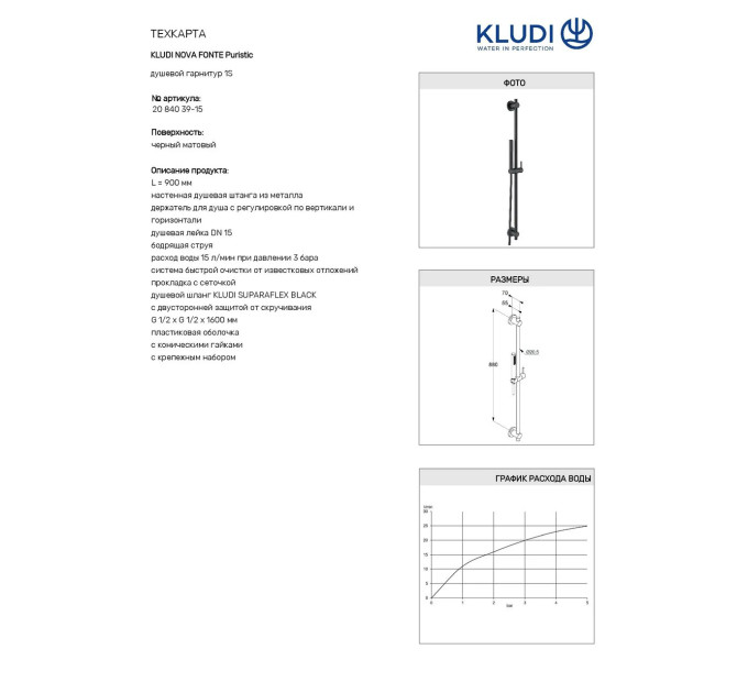 Душовий набір 1S Nova Fonte Puristic (2084039-15) чорний, Kludi