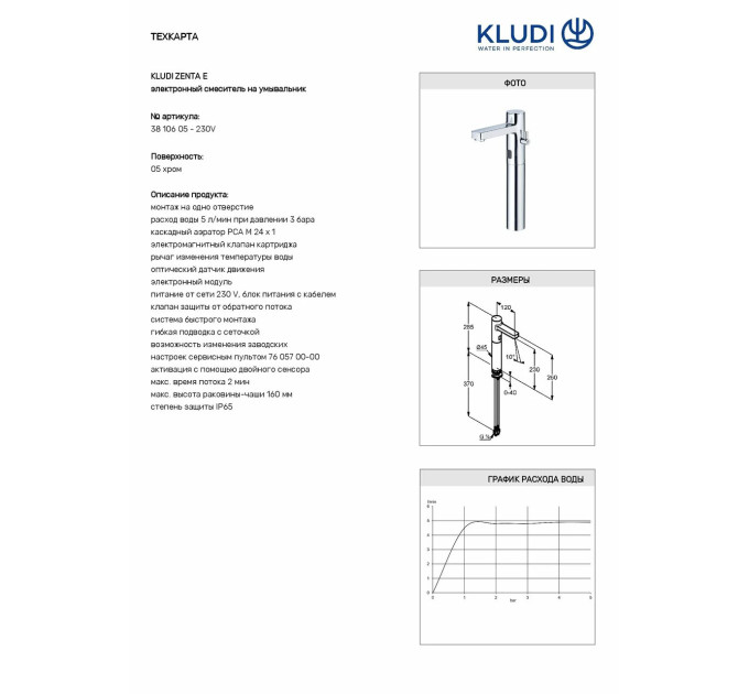 Змішувач для умивальника електронний Zenta 3810605 Kludi