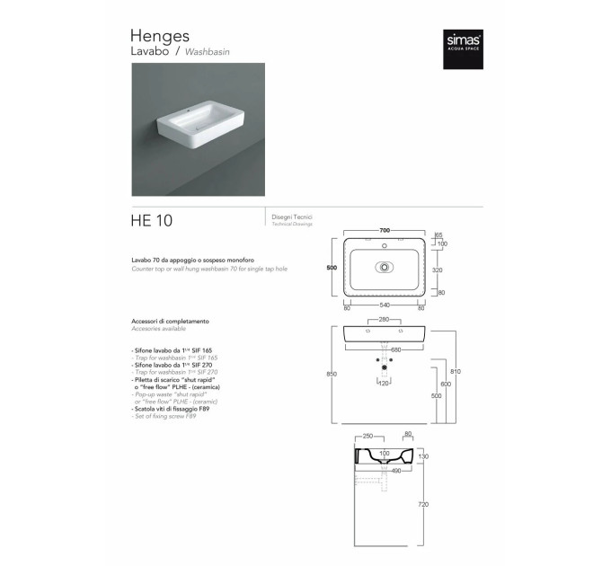 Умивальник HE 10 Henges Glossy white SIMAS
