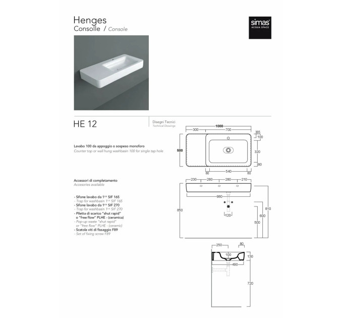 Умивальник HE 12 Henges Glossy white SIMAS