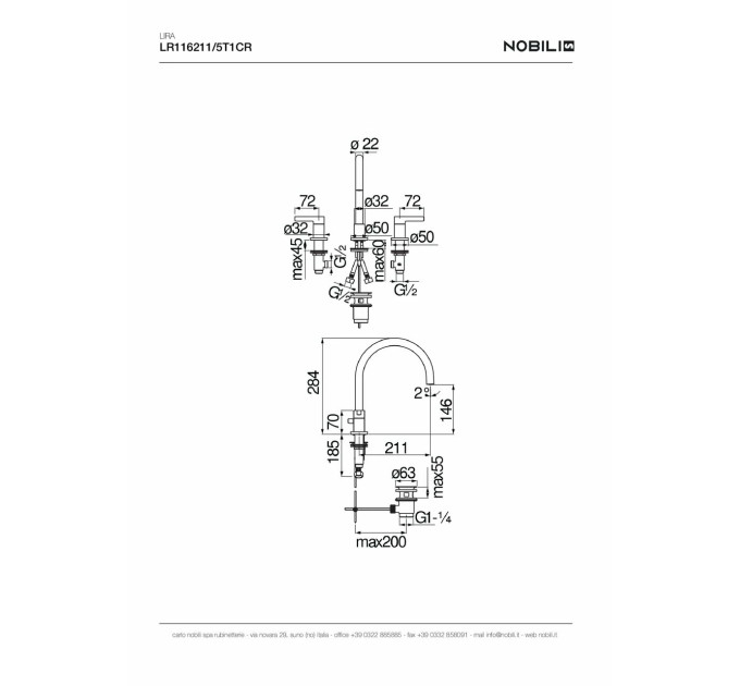 Змішувач для умивальника Lira (LR116211-5T1CR), Nobili