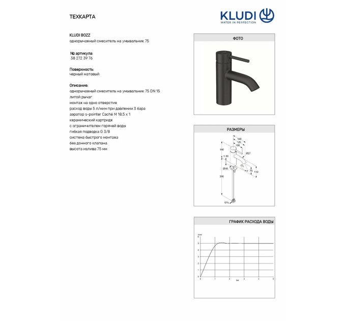 Змішувач для умивальника 75 DN 15 Bozz (382723976) чорний Kludi