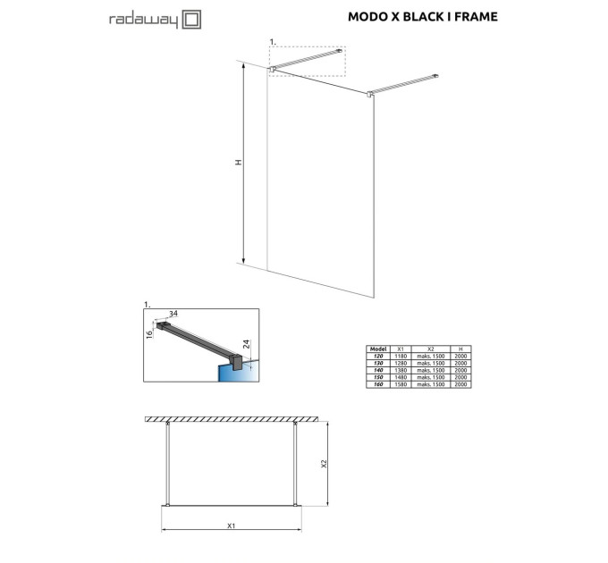 Душова стінка Modo X Black I 160 Frame RADAWAY