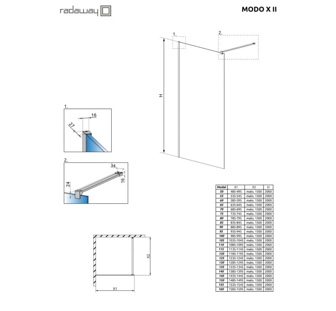 Душова стінка Modo X Black II 1001-1600x2001-2500 RADAWAY