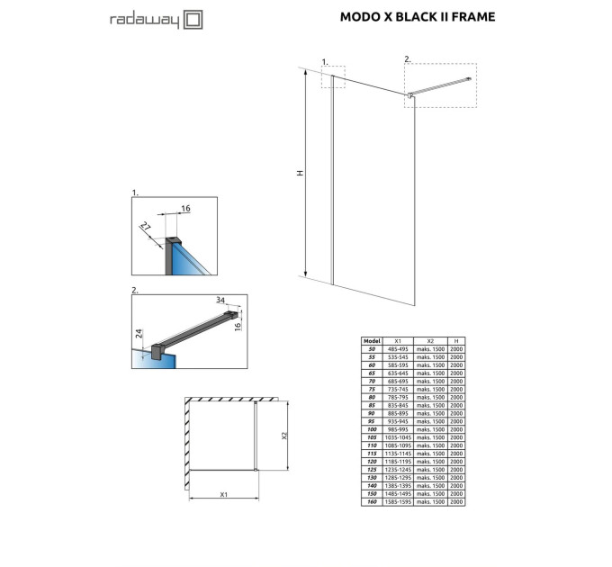 Душова стінка Modo X Black II 150 Frame RADAWAY