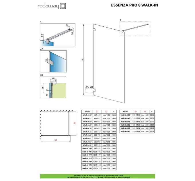Душова стінка Essenza Pro 8 Gold Walk-in 100, RADAWAY