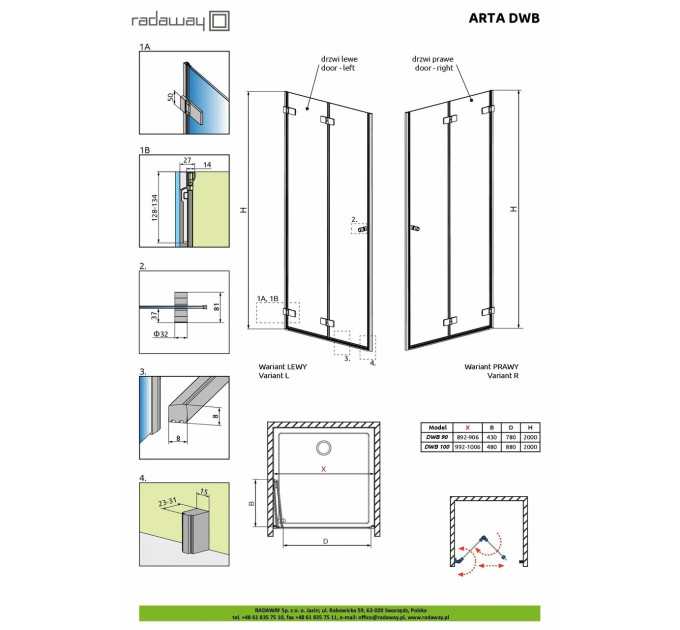 Душові двері Arta DWB 90 L RADAWAY