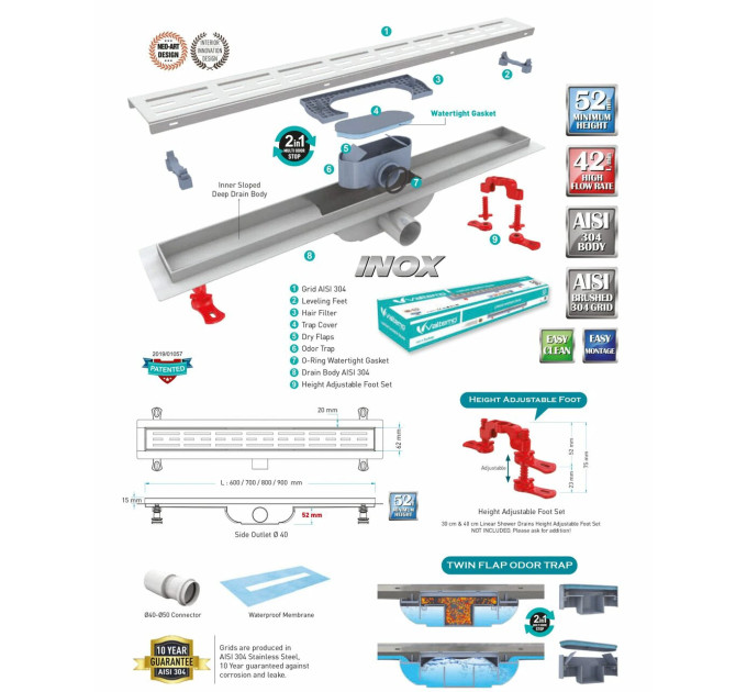 Душовий канал 60 см Aqualine Trendy VLD-601320.55 Valtemo