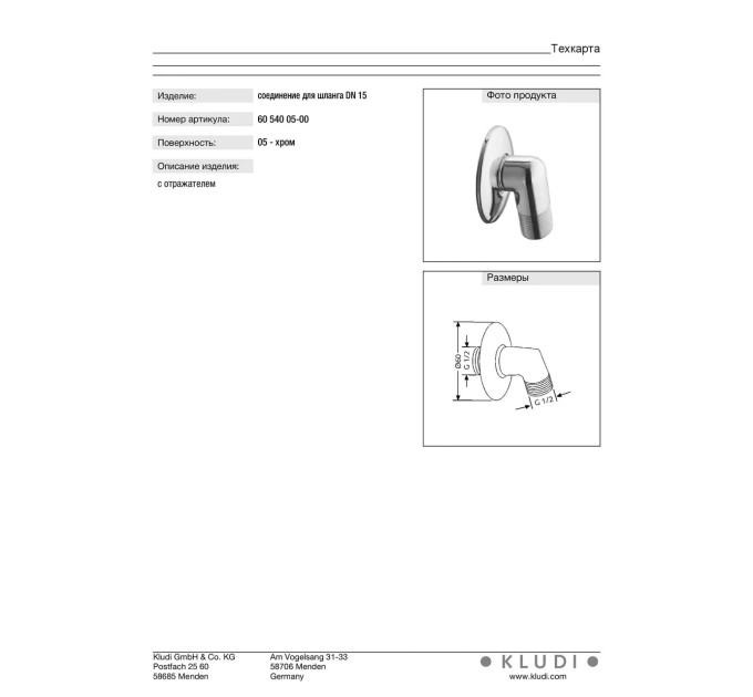 Підключення душового шланга DN 15 Standart (6054005-00), Kludi
