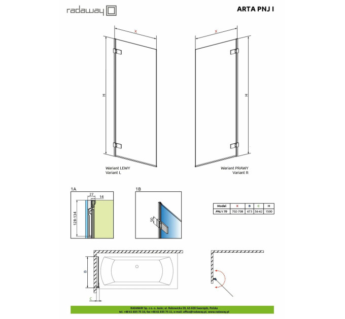 Шторка для ванни Arta PNJ I 70 L RADAWAY