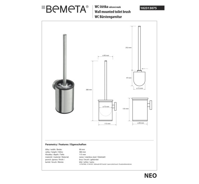 102313075 NEO: Щітка WC(біла) з тримачем,хром Bemeta Чехія