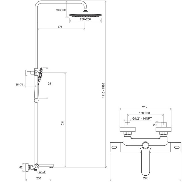 Душова система TE 092.01-150 Termo X070163 RAVAK