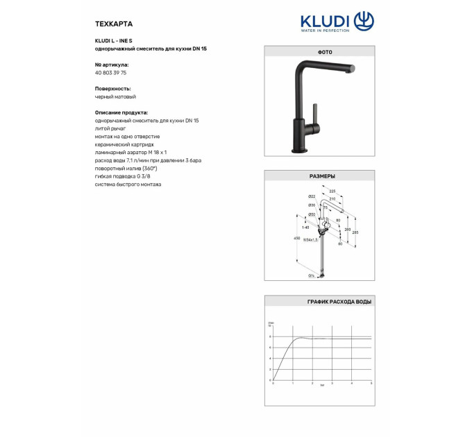 Змішувач для кухні DN 15 L-ine S 408033975 чорний Kludi