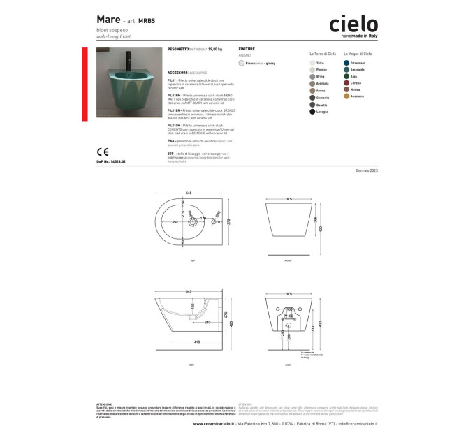 Біде підвісне Mare Bianco MRBS CIELO