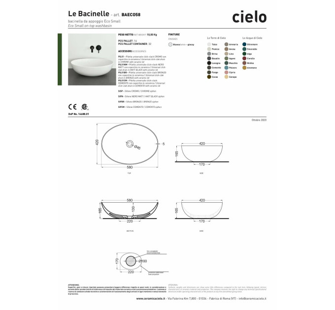 Умивальник Bacinelle ECO Small 58 (BAECO58) Glossy White CIELO