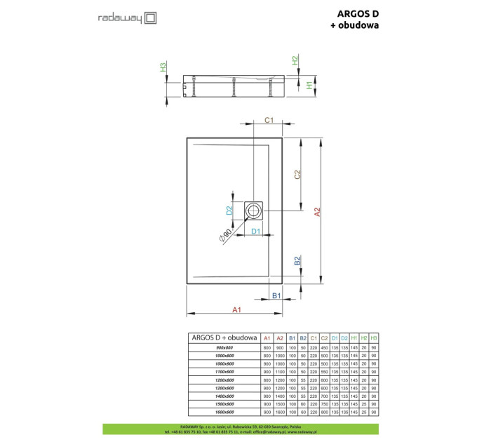 Душовий піддон зі з'ємною панеллю Argos D 110x90 см, RADAWAY
