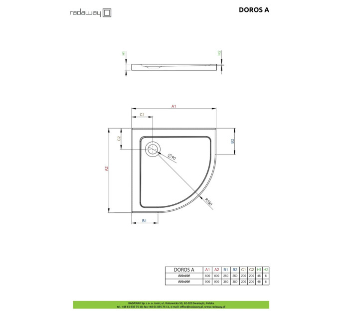 Душовий піддон Doros A 90x90 см, RADAWAY