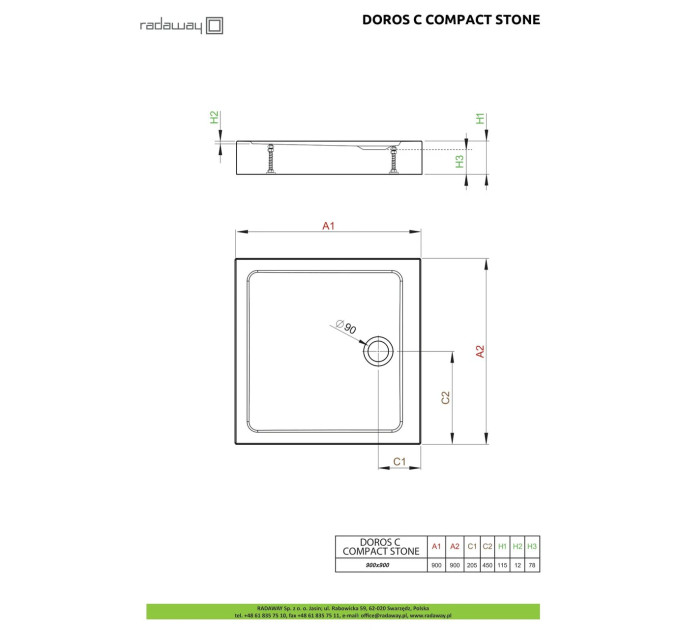 Душовий піддон Doros C Compact Stone White 90x90 см, RADAWAY