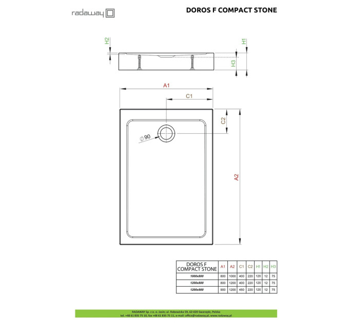Душовий піддон Doros F Compact Stone Anthracite 120x80 см, RADAWAY