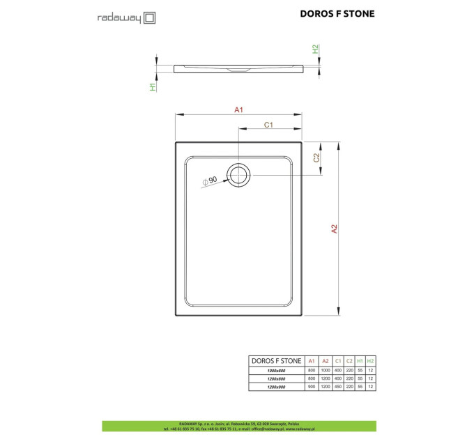 Душовий піддон Doros F Stone White 120x90 см, RADAWAY