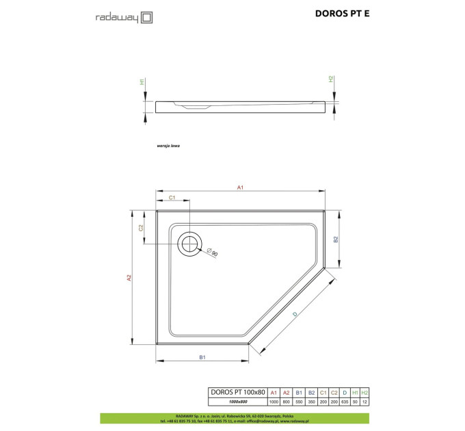 Душовий піддон Doros PT E 100x80 см лівий, RADAWAY