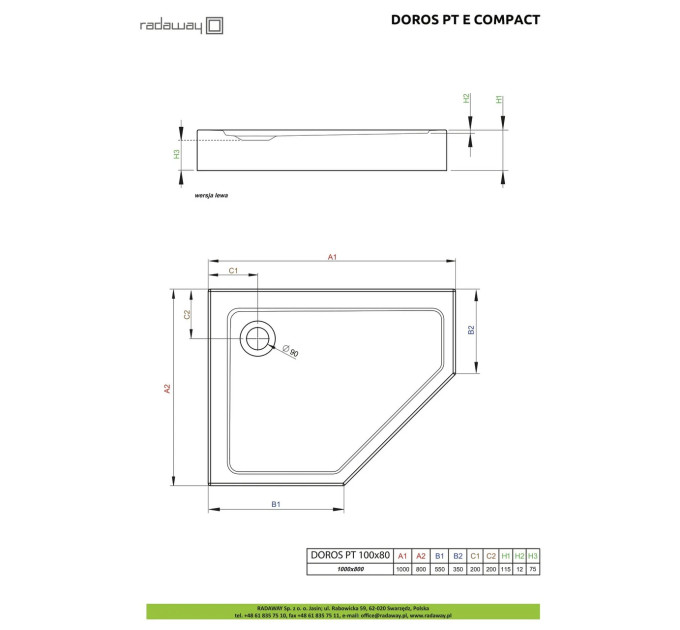 Душовий піддон Doros PT E Compact 100x80 см правий, RADAWAY